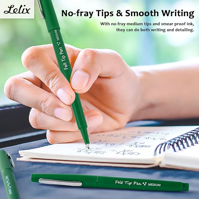 Lelix Felt Tip Pens, 60 Green Pack, 0.7mm Medium Point, Felt Tip Markers Pens for Journaling, Writing, Note Taking, Planner, Perfect for School Office and Art Supplies