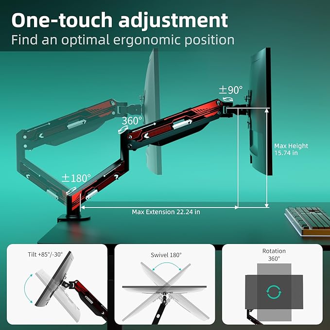 Suptek Monitor Mount Gas Spring Arm Desk Mount Stand - Fully Adjustable, Fits 32 inch Monitors, Weight Capacity up to 22 lbs (MD8WR)