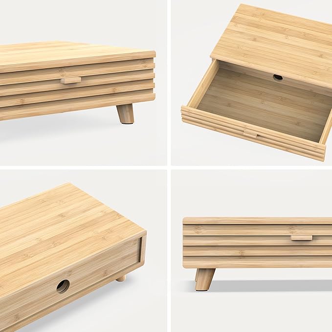 Bamboo Monitor Stand with Drawer - Desk Organizer with Cable Management & Storage, Ergonomic Laptop Riser for Home Office (220lbs Capacity, 15.7 inch ,Natural)