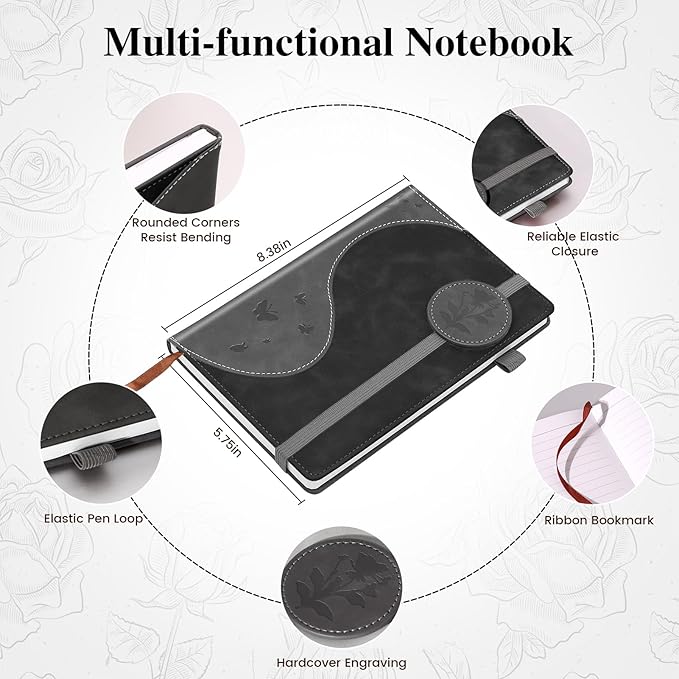 Lined Journal Notebook, A5 Hardcover Leather Journal for Men Women, 200 Pages 100 GSM Thick Paper, Journaling Notebooks for Work School Travel Note Taking, Black