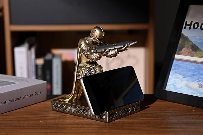Windbreaker Soldier Knight Pen Holder Personalized Desk Accessory, Mobile Phone & Gaming Controller Holder, Device Stand Gift for Medieval Enthusiasts (Bronze)