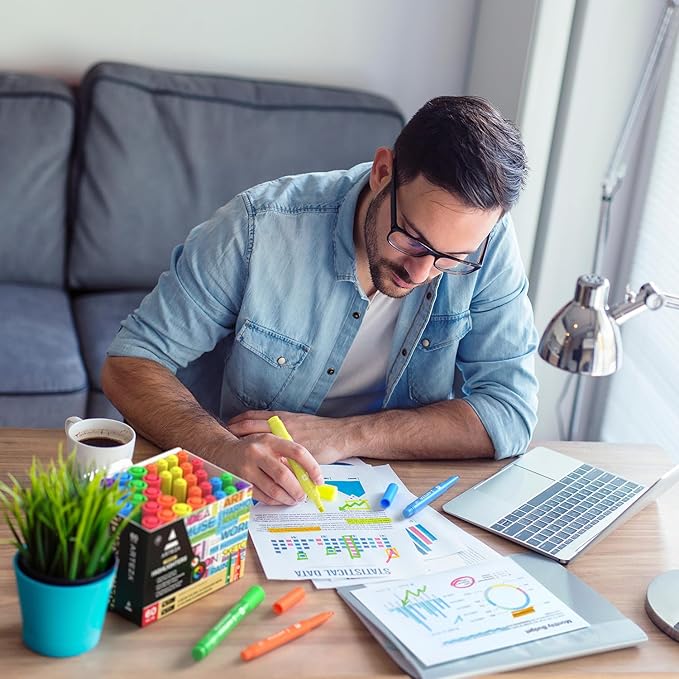 ARTEZA Highlighters Assorted Colors, Set of 60, Wide & Narrow Chisel Tip Pens