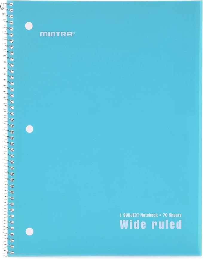 Mintra Office Spiral Notebooks - 1 Subject, Poly Cover, 70 Sheets, WIDE Ruled, 8in x 10in, Bulk Pack, Primary Color Waterproof Covers, Set of 6 - for School, Office, Business, Professional (04658)