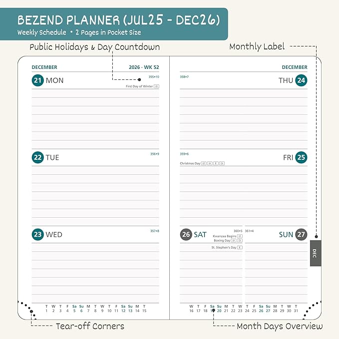 BEZEND Pocket Planner 2025-2026 Weekly and Monthly, 3.5" x 6" Academic Planner (Jul 25-Dec 26) 18-Month Mid-Year Calendar Book, Storage Pocket, Pen Holder, PU Leather Hardcover - Mint Green