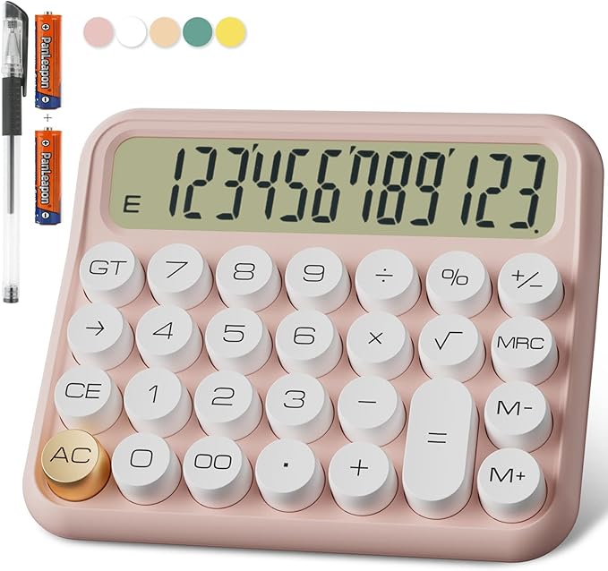 Mechanical Calculator 12 Digit Extra Large 5-Inch LCD Display, DECKLIT Battery Desk Calculator, Big Buttons Easy to Press Use as Office Calculators Desktop, 15°Tilt Screen for Kids Calculator(Pink)