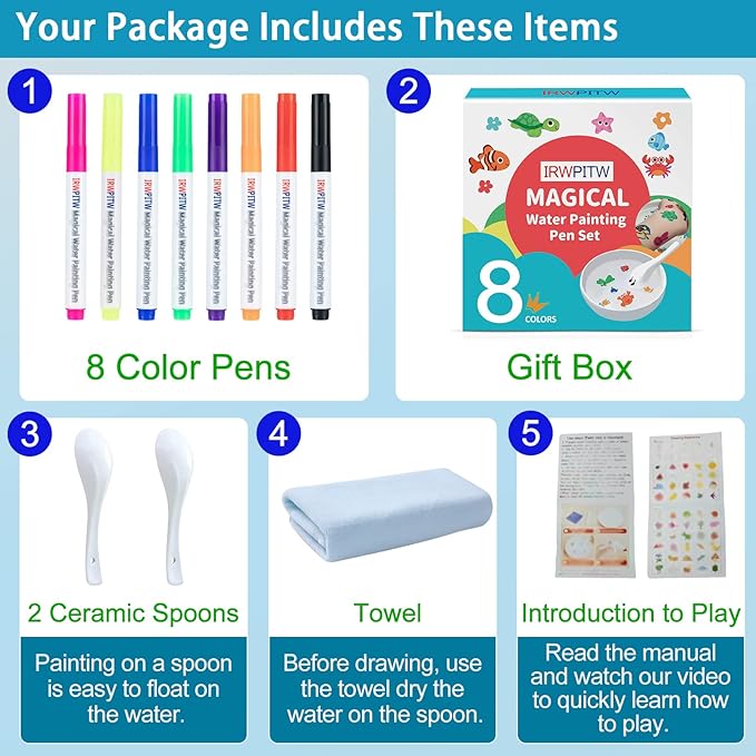 IRWPITW Magic Drawing Pen Bundle, 8 Colors Magical Water Painting Pens for Kids, Kiddies Create Magic Pen Floating Ink Drawings Set with Spoons and Towel, Tattoo Water Marker Gifts for Boys and Girls