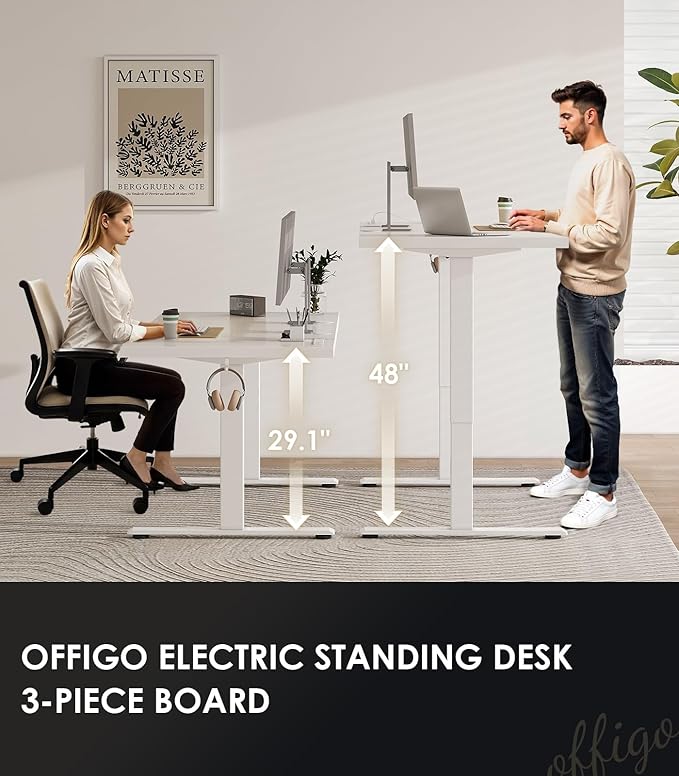 OffiGo Electric Standing Desk with 3-Piece Board, 71 Inch Height Adjustable Large Table with Power Outlets, Sit Stand Table, Writing Computer Desk for Home, Office, Workstation, White