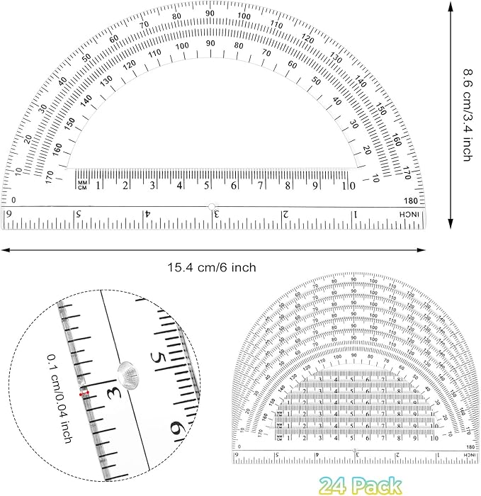 Zonon 24 Pieces Plastic Protractors Bulk Classroom Clear Math Protractors 180 Degrees 6 Inch for Geometry Student, Angle Measurement, Students Back to School Supplies Office Supplies