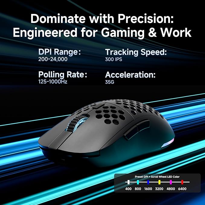 DIERYA M1 Wireless Gaming Mouse, 24000DPI, 180Hrs Battery, 16.8M RGB, 6 Programmable Buttons, Lightweight, Tri-Mode (2.4G/BT5.2/USB-C) for PC/Mac/Laptop - Black