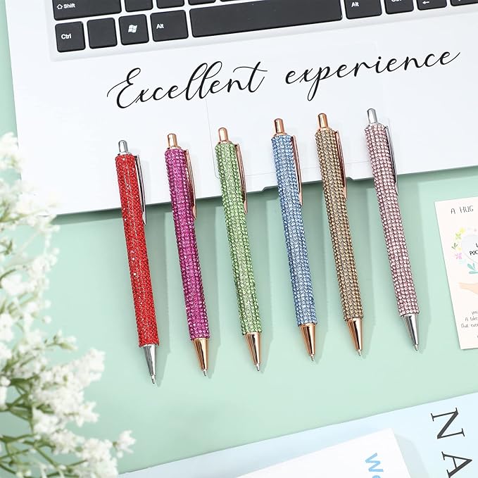Jeyiour 6 Pcs Bling Pen Cute Diamond Wedding Rhinestones Gift Metal Ballpoint Fancy Sparkly Crystal Retractable Black Ink Pen for Women Office Birthday 0.7mm(Colorful)