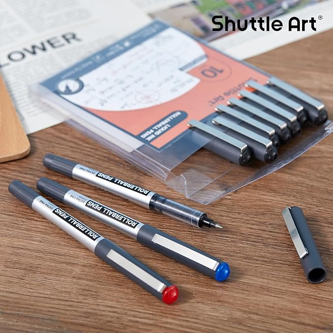 Shuttle Art Rollerball Pens, 10 Pack(8 black 1 blue 1 red) Liquid Ink Pens, 0.5mm Extra Fine Point, Quick Drying for Writing Journaling Taking Notes School Office
