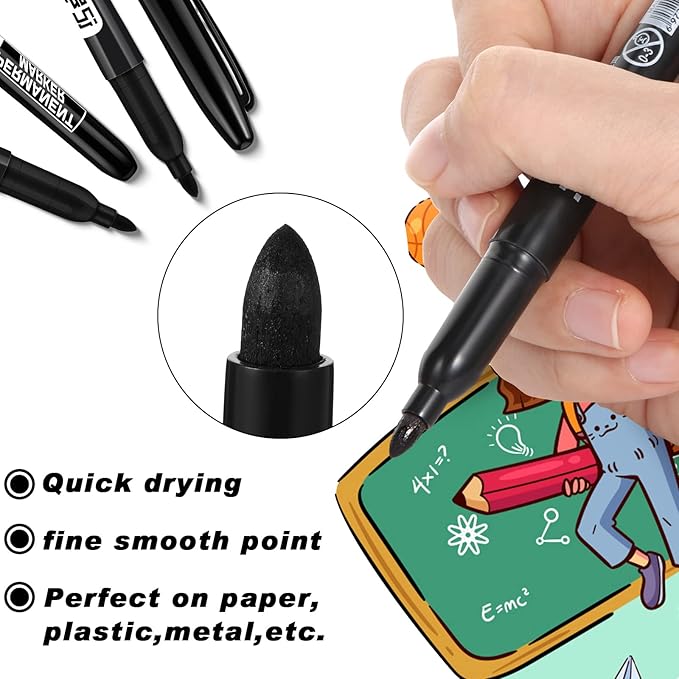 Thenshop 200 Pack Permanent Markers Bulk Black Permanent Marker Set Fine Point Marker Pens Waterproof Markers Works on Plastic, Wood, Stone, Metal and Glass