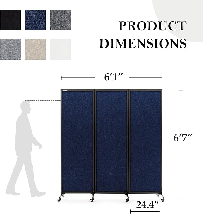 Upgrade Version Room Partition and Divider, Freestanding Rolling Dividers with Wheels,Office Privacy Screen Divider Wall,Classroom Felt Dividers,6'L* 6'7"H,3 Panel,Blue
