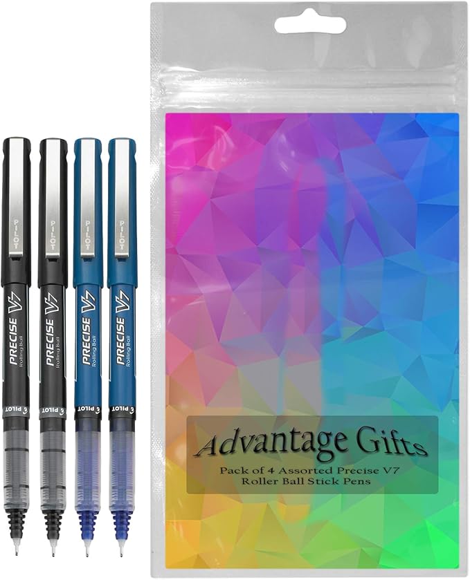 Precise V7 Stick Rolling Ball Pens, Fine Point (.7mm), Assorted Colors Black/Blue Ink, 4-pk; Bundle with Plastic Reusable Pouch