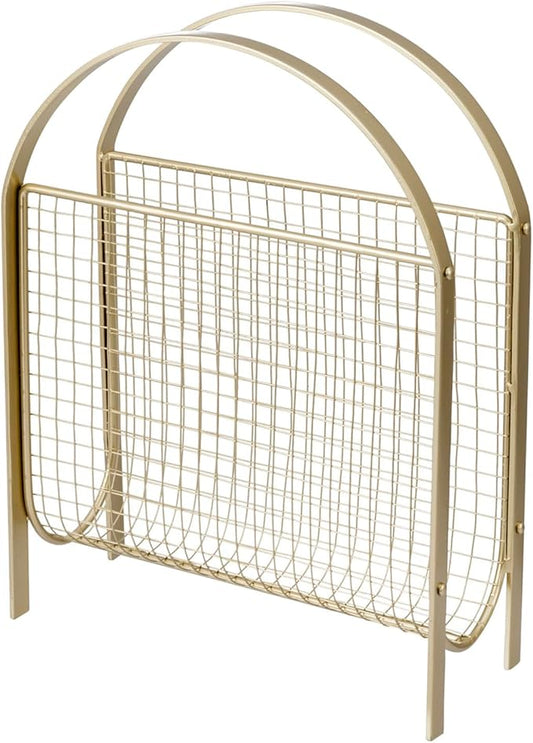 MyGift Mid-Century Design Magazine Rack, Matte Black Tone Metal Mesh Freestanding Magazine Organizer Holder Sling (Brass)
