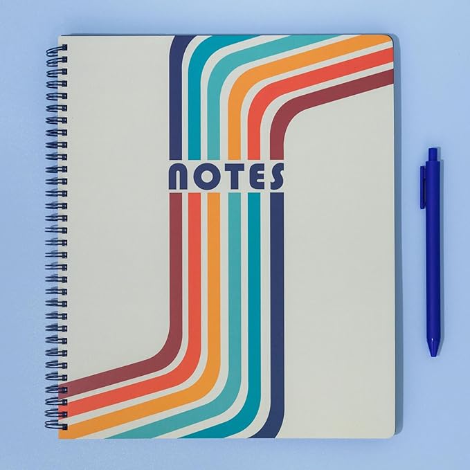 Steel Mill & Co Cute Large Spiral Notebook College Ruled, 11" x 9.5" with Durable Hardcover and 160 Lined Pages (Retro Stripe)