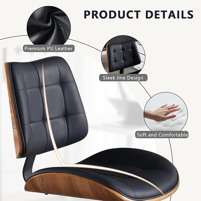 Home Office Desk Chair with Wheels, Adjustable Height Armless Office Chair, PU Leather Mid Back 360° Small Computer Chair, Modern Walnut Chair No Arms for Office, Reading Meeting Room(Black)