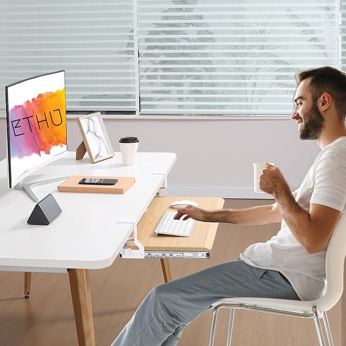 ETHU Keyboard Tray Under Desk, 19.7" X 12.2" Small Size C Clamp Keyboard Drawer Under Desk, Computer Keyboard Stand Slide Pull Out, Ergonomic Keyboard Tray for Home, Office (Oak)