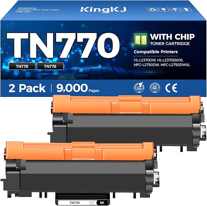 TN770 Black Toner Cartridge High Yield 2-Pack with chip Replacement for Brother TN-770 TN770 770 Toner Compatible with Brother HL-L2370DW HL-L2370DWXL MFC-L2750DW MFC-L2750DWXL Printer Ink All-in-One