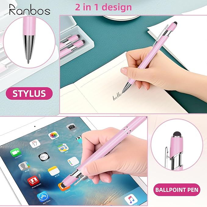 Ballpoint Pen Metal Soft Stylus Pen for Touch Screens，Retractable Tactile Turn Pen，Bulk Pens for Gifts Office Essentials，Medium Point，Black Ink (5 Pink)