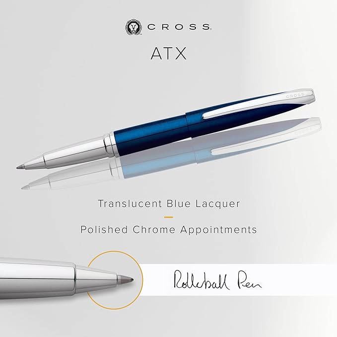 Cross ATX Refillable Rollerball Pen Presented in a Luxury Gift Box - Medium Point, Black Ink, Translucent Blue