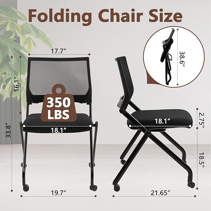 CLATINA Stackable & Foldable Conference Room Chairs, Waiting Room Chairs with Wheels & Lumbar Support, Ergonomic Mesh Bouncing Back Folding Chair for Office Meeting Schools Training Room, Black 20pk