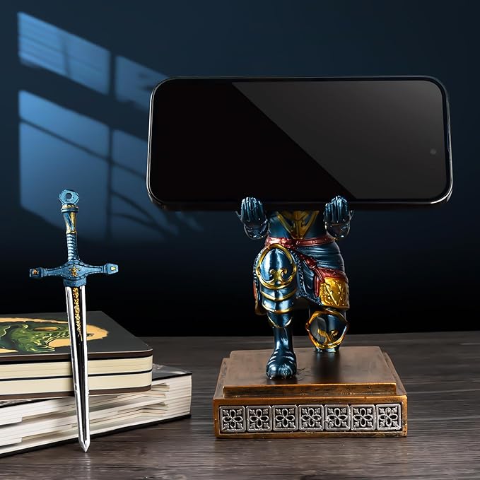 MACLARONX Kneeling Knight Pen Holder with Sword Medieval Warrior Fancy Pencil Stand for Office Desk Home Decor for Men Father Husband Armor Soldier Statue