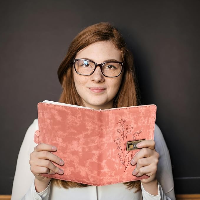 Lock Diary for Women Diary with Lock for Girls A5 Leather Locked Journal 260 Pages 100 GSM Refillable Journal with Lock for Teens Secrets Flower Journals with Combination Passwords, 5.7"x8.3", Pink