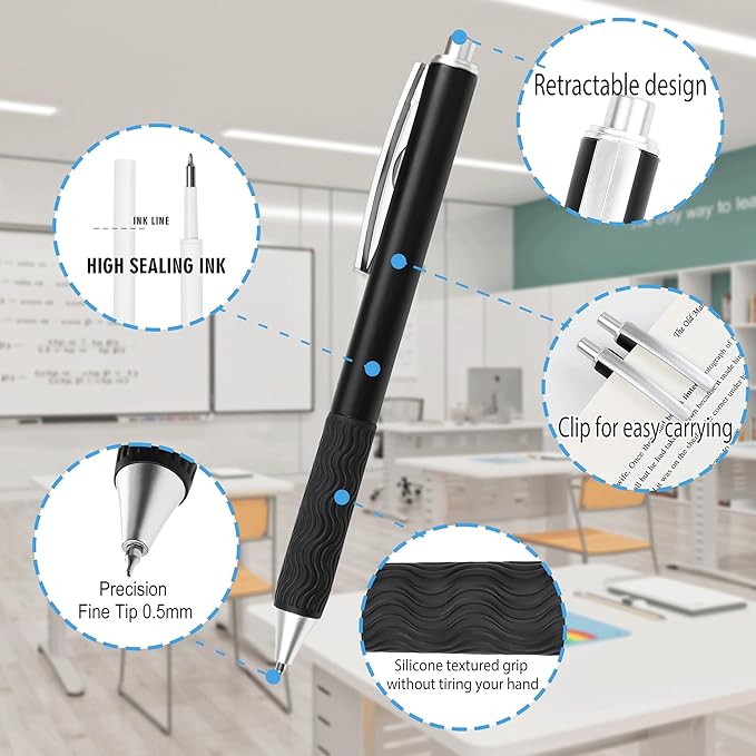 Black Gel Pens, 50 Pack Black Pens Bulk 0.5mm Black ink Fine Tip Pen, Smooth Writing, Click Gel Ink Roller Ball Pen for Office, nurses, families, and school diaries