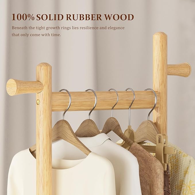 Coat Rack Freestanding Clothing Rack with Wheels & 2 Shelves Storage & 5 Hooks Heavy Duty Clothes Rack Wood Coat Tree Stand Hat Hanger Rack for Corner Bedroom Entryway Living Room Hotel