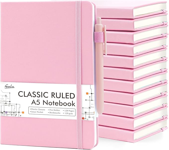 feela 12 Pack Notebooks Journals Bulk, Hardcover Notebook Classic Ruled Lined Journals with Pen Holder for Women Girls School Business Supplies, with 12 Black Pens, 120 GSM, 5.1”x8.3”, A5, Rose Pink