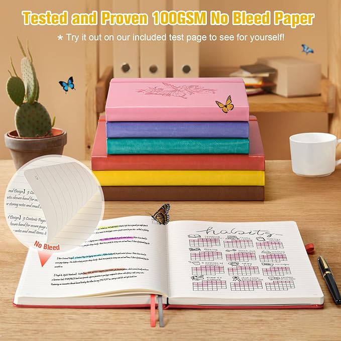 Lined Notebook Journal for Women, 312 Numbered Pages A5 Thick Leather Journal, 100gsm Paper Daily Journal for Work Travel, Hardcover College Ruled Notebook, Giftable Butterfly Floral Notebook, Yellow