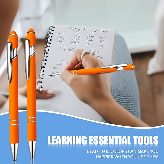 12 Pcs Blue Ink Ballpoint Pen with Stylus Tip, 1.0 mm Metal Pen Stylus Pen for Touch Screens, 2 in 1 Thank You Pen Gift for Friends, Colleagues, Coworker, Office, Family (Orange)