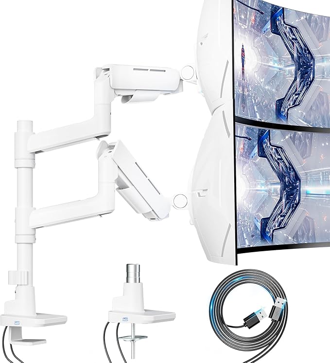 Vertical Dual Monitor Mount for 17-49 Inch Ultrawide Heavy Duty Curved Screen Stacking, Computer Monitor Arm Desk Mount with USB, Gas Spring Adjustable Vesa Stand, White