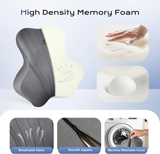 Coverado Car Lumbar Support Pillow and Car Neck Pillow Kit, Ergonomic Design Car Headrest Pillow for Driving, Relax Back Head Muscles Relieve Driving Fatigue, Breathable & Removable Cover, Gray