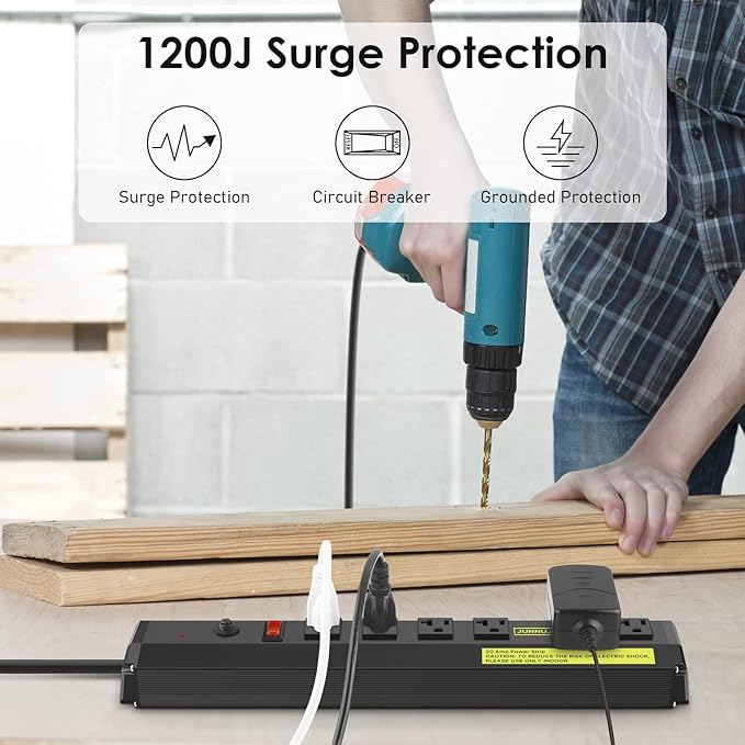 JUNNUJ Heavy Duty Metal Power Strip 20 Amp, High Amp Surge Protector 6 Outlet, 20A Power Strips Workshop Industrial Outlets Wide Spaced 6-20R T-Slot with Circuit Breaker, 12 Gauge Extension Cord 10ft