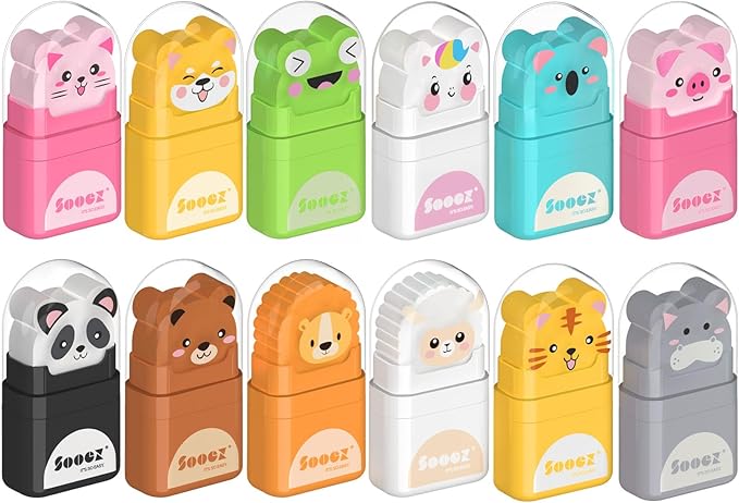 Sooez 12 Pack Pencil Erasers with Clean up Roller, Cute Erasers for Kids, Animal Fun Eraser with Shaving Roller and Cover, for Teacher Class Favor School Supplies Home Office Party
