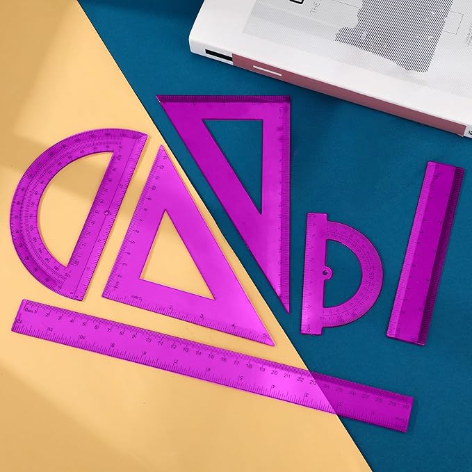 Tenare 6 Pcs Plastic Ruler Math Set Includes 12 Inch 6 Inch Straight Protractor Triangle Geometry Transparent Math Ruler Measuring Tools for School Office Home(Purple)