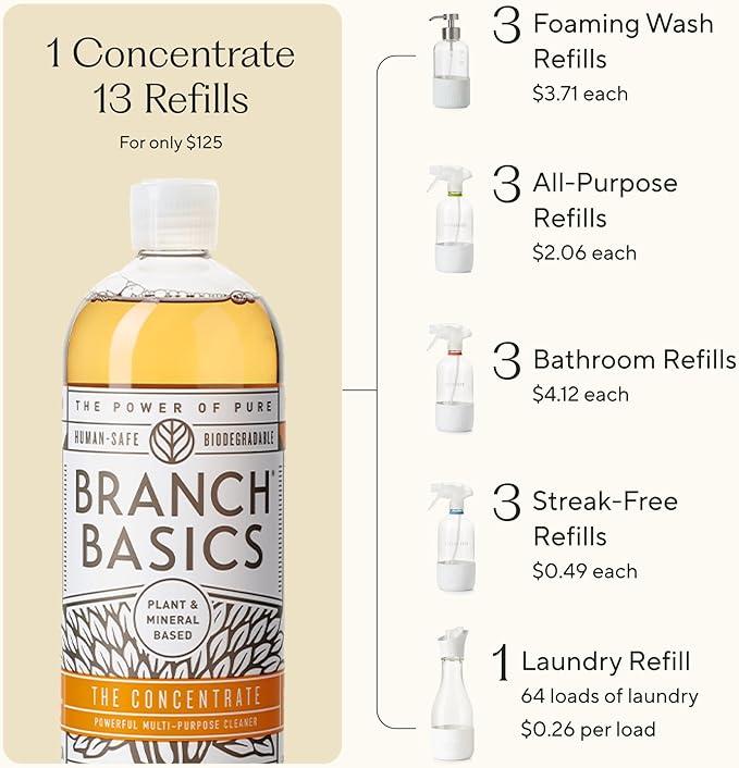 Branch Basics Premium Starter Kit in Glass: All Purpose Cleaner, Glass Cleaner, Bathroom Cleaner, Wash Bottle, and Laundry Bottle (3 Glass Spray Bottles + Concentrate) Fragrance-Free