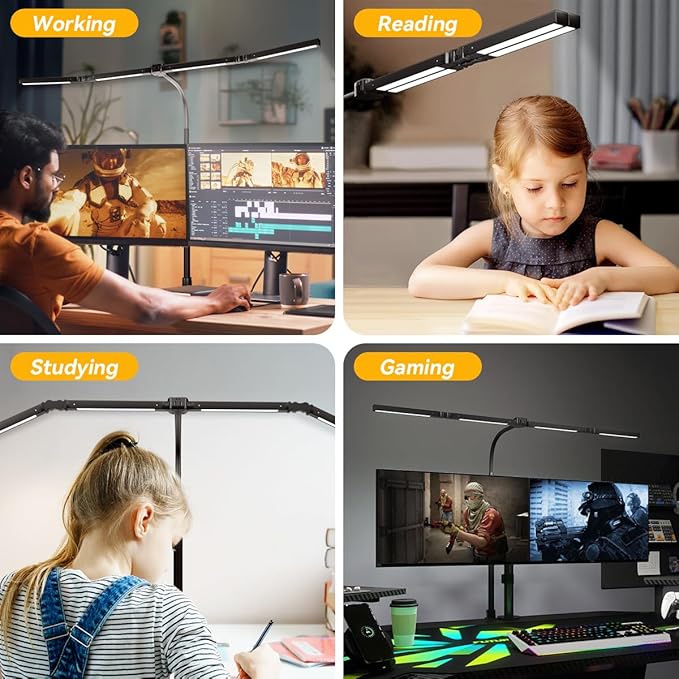 Adjustable LED Desk Lamp – Stepless Dimming & Color Temp Remote Control, Eye-Caring 4 Large Bright Light Souce for Home Office, Gooseneck, Clamp Base, 5 Lighting Modes for Reading, Computer, DIY
