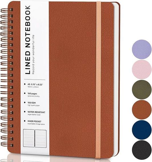 Lined Spiral Journal Notebook, A5 Hardcover Leather Notebook for Work, 5.7''×8.2'', 100GSM Thick Paper Spiral Bound Journaling Notebooks for Women & Men Office School Note Taking Business, Brown