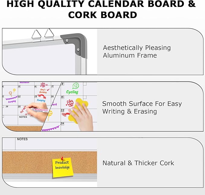 EAONE 16x12 in Double Side Whiteboard Calendar & Cork Board Combo for Wall, 3 in 1 Magnetic Dry Erase Whiteboard Monthly Calendar and Bulletin Board with Aluminum Frame for Home Office Kitchen