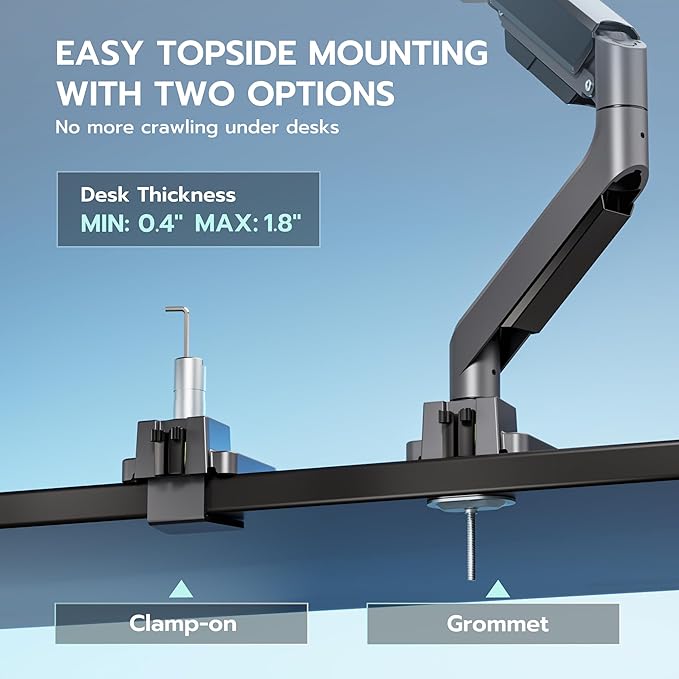 ARES WING Single Monitor Arm, Heavy Duty Adjustable Monitor Arm for 13"-45" Screens with USB, Gas Spring Desk Mount Stand with C Clamp/Grommet Mounting Base up to 40lbs Computer, Gray