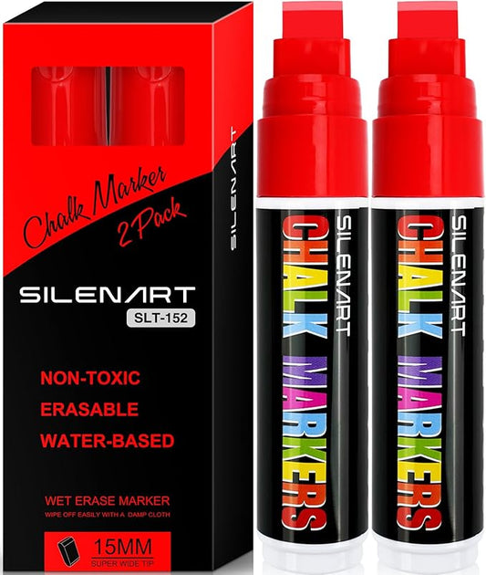 SILENART Thick Chalk Markers Red - 15mm Jumbo Tip Car Marker - Wide Window Chalk Pen for Chalkboard, Window, Glass, Mirror, Blackboard