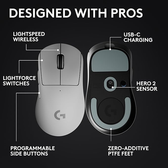 Logitech G PRO X Superlight 2 DEX Wireless Gaming Mouse, 60g pro-Grade Right-Handed Mouse with 5 programmable Buttons, USB-C Charging, 44k DPI Sensor, up to 8 kHz Polling for PC/Mac - White