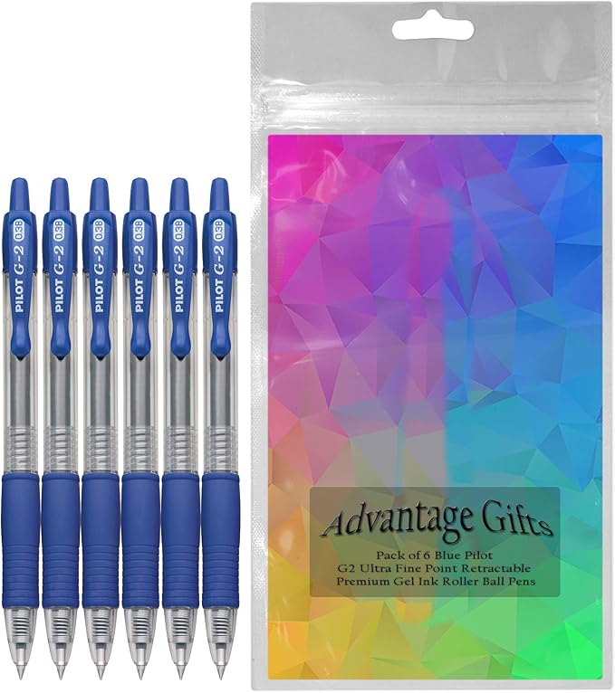 G2 Retractable Premium Gel Ink Roller Ball Pens Ultra Fine Point (.38mm) Blue Ink 6 pack; Refillable & Premium Comfort Grip Bundle with Plastic Reusable Pouch