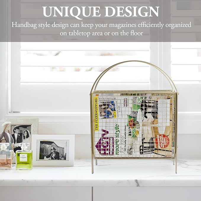 MyGift Mid-Century Design Magazine Rack, Matte Black Tone Metal Mesh Freestanding Magazine Organizer Holder Sling (Brass)