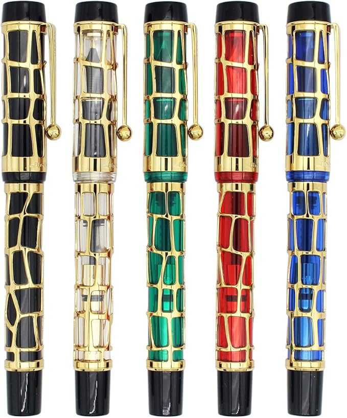 Gullor Century 100 Fountain Pen, Skeleton Hollow-out Series Golden, Screw-Cap, Fine Nib, Transparent Blue