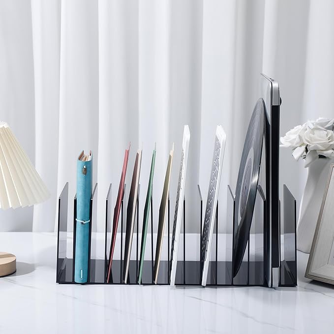 Ctosree Acrylic File Organizer for Desk Vertical 15 Compartments File Sorter Mail Organizer Desktop Countertop Folder Stand Racks for Office Home School Desk(Rectangle,Black)