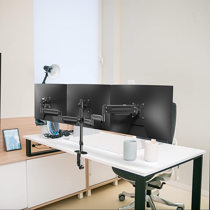 suptek Triple Monitor Mount for Most 17 to 32 inch Screens,Gas Springs Adjustment Triple Monitor Desk Mount Stand with Clamp & Grommet Kit,Black(MD8003)